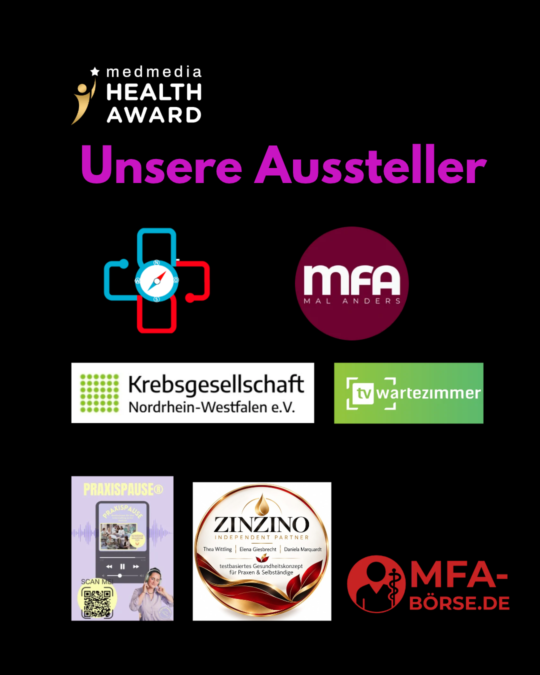 Unsere Aussteller 2026: MFA mal anders, Krebsgesellschaft Nordrhein-Westfalen e.V., TV-Wartezimmer, Praxispause, Zinzino und MFA-Börse.de